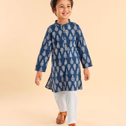 Babyhug 100% Cotton Woven Full Sleeves Kurta with Pyjama Set Floral Print - Blue-image-67