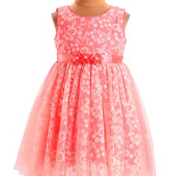 Babyhug Sleeveless Party Frock With Floral Foil Embroidery & Corsage- Peach-image-23