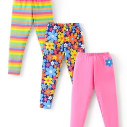 Babyhug Cotton Lycra Full Length Stretchable Legging Stripes & Floral Print Pack Of 3 - Pink Blue & Yellow-image-39