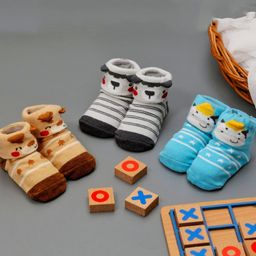 Yellow Bee Pack Of 3 Puppy & Cow Face Detailed Striped Anti Skid Socks - Grey Brown & Blue-image-76