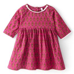 Babyhug Cotton Three Fourth Sleeves Ethnic Dress Floral Print - Fuschia-image-60