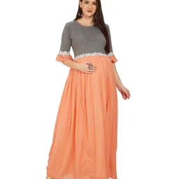 Mom for sure by Ketki Dalal Pure Cotton Frilled Half Sleeves Colour Blocked Maternity Maxi Dress With Concealed Zipper Nursing Access - Coral-picture-33