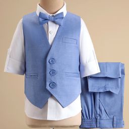 Robo Fry Cotton Woven Full Sleeves Party Suit with Bow & Waist Coat Solid Colour - Blue-image-85