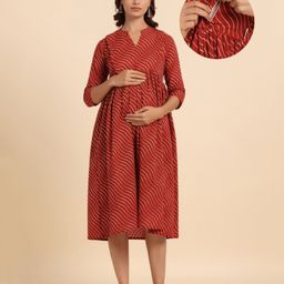 CRAFIQA Three Fourth Sleeves AbstractPrinted Maternity Dress With Concealed Zipper Nursing Access - Red-image-44
