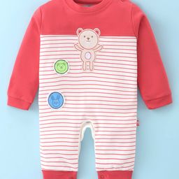 Mini Taurus Cotton Full Sleeves Striped Romper with Teddy Embroidery - Coral-image-69