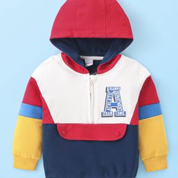 Babyhug Cotton Knit Full Sleeves Hooded Sweatshirt with Cut & Sew Design & Alphabet Print - Multicolour-image-99