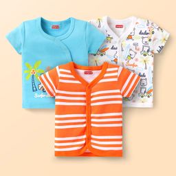 Babyhug Interlock Knit Front Open Half Sleeves Vests With Striped & Beach Theme Print Pack Of 3 - Orange White & Light Blue-image-13