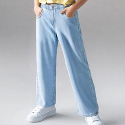Primo Gino Cotton Woven Full Length Wide Leg Washed Jeans with Elasticated Waistband - Light Blue-picture-46