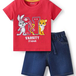 Babyhug Single Jersey Knit Half Sleeves Animal Printed T-Shirt & Shorts Set - Red & Blue-image-84