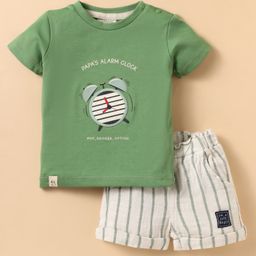 Ollypop Sinker Knit Half Sleeves T-Shirt and Shorts Set with Clock & Text Print - Light Green-picture-8