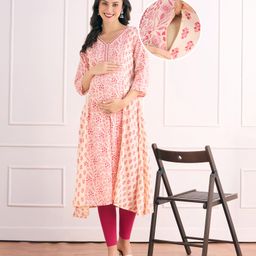 Bella Mama Woven Three Fourth Sleeves With Contrast Yoke Maternity Kurta with Floral Print - Pink-picture-24