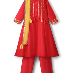 Pine Kids Woven Three Fourth Sleeves Kurta Churidar & Dupatta Set With Embriodery - Red-picture-42