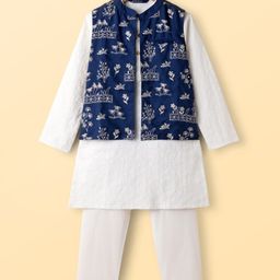 Pine Kids Viscose Woven Full Sleeves Kurta Pajama & Floral Embriodered Jacket Set - White & Navy Blue-picture-9