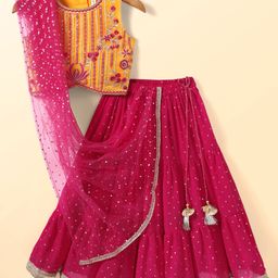 Babyhug Woven Sleeveless Lehenga Choli & Dupatta Set With Floral Embroidery - Fuschia & Yellow-image-13