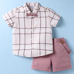 ToffyHouse Poplin Woven Half Sleeves Shirt & Shorts with Suspender & Bow with Checks Print - Plum & White-picture-11