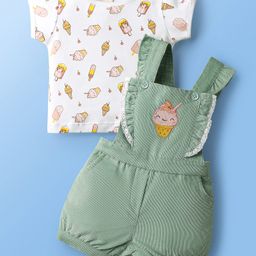 ToffyHouse Corduroy Woven Half Sleeves T-Shirt & Dungaree Set With Ice- Cream Embroidery - Olive Green & White-image-80