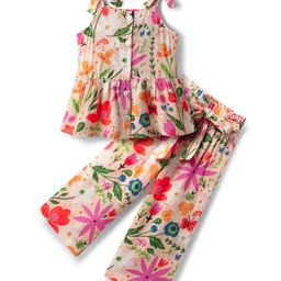 CrayonFlakes Rayon Knit Sleeveless Floral Printed Coordinating Top & Palazzo Set - Peach-image-72