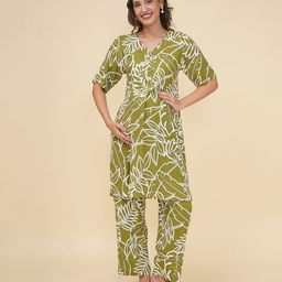 Mine4Nine Rayon Woven Half Sleeves Tropical Theme Printed Coordinating Maternity Kurta With Nursing Access & Pant Set - Olive Green-image-51