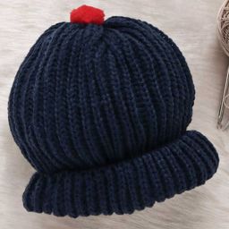 Little Angels Knitted Braided & Pom Pom Embellished Cap - Navy Blue - Diameter - 28cm-11