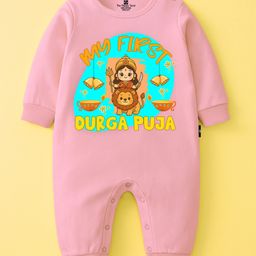 The Peppy Tend 100% Cotton Knit Durga Puja Theme Full Sleeves My First Durga Puja Text Printed Romper - Pink-picture-37