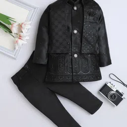 Fourfolds Woven Full Sleeves Sequin Embellished & Floral Embroidered Sherwani & Trouser Set With Jacket - Black-image-76