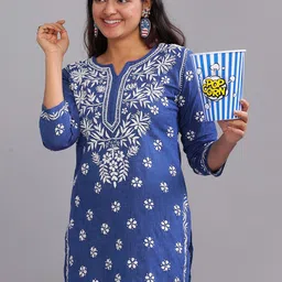 Club Loom Floral Embroidered Notch Neck Three-Quarter Sleeves Chikankari Cotton Kurti-image-52