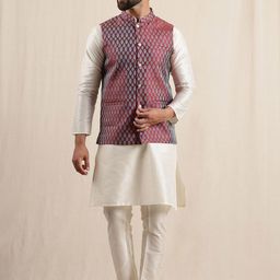 Anouk Men Regular Kurta with Pyjamas With Woven Maroon Nehru Jacket-image-41
