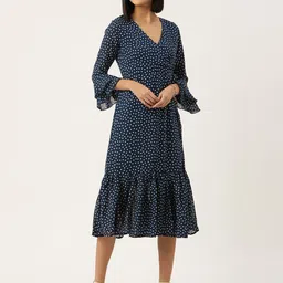WISSTLER Navy Blue Floral Print Bell Sleeve Georgette Dress-image-6