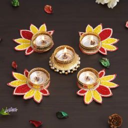 eCraftIndia Multicolor Aluminium Lotus Design Tea Light Candle Holders - Set of 5-image-65