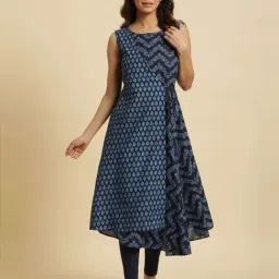 W Blue Cotton Printed A Line Kurta-picture-46