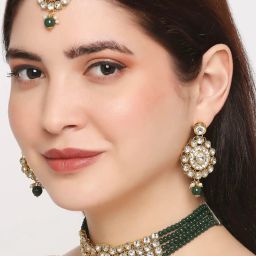 OOMPH Green Beads & Kundan Multi Layer Choker Necklace Set with Drop Earrings & Maangtikka image 5