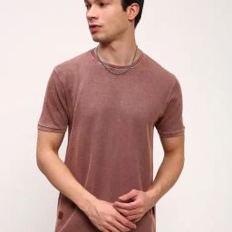 Showoff Peach Cotton Slim Fit Self Pattern T-Shirt-picture-20
