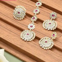 Zaveri Pearls Pink & White Dazzling Diamonds Embellished Earring Maangtikka & Ring Set-ZPFK12215-image-45