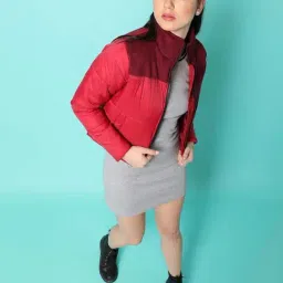 Campus Sutra Red Color-Block Padded jacket-image-18