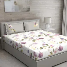 GM 'Matthiola' Purple & White Cotton 150 TC Double Bedsheet with 2 Pillow Covers-image-74