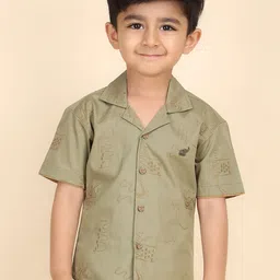 Polka Tots Boys Conversational Solid Cuban Collar Cotton Casual Shirt-36