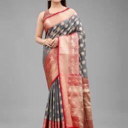 Silk Land Kanjivaram Silk Grey Woven Saree With Unstitched Blouse-picture-3