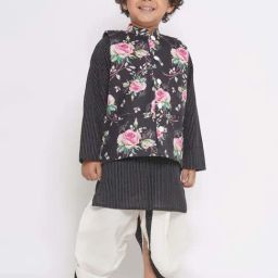 Little Bansi Kids Black & Pink Cotton Floral Print Full Sleeves Kurta Set-picture-2