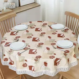 Dakshya Industries Beige Floral Waterproof Plastic Round 6-Seater Table Cover-3