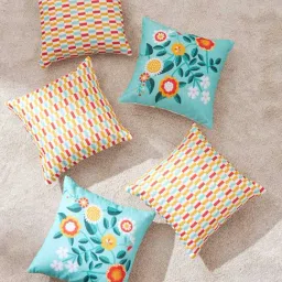 TEAL by Chumbak Floral Blush Geometric Green Polyester Cushion Covers (Set of 5)-1