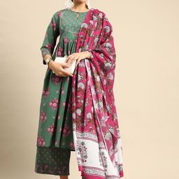 Anouk Women Green & Pink Floral Printed Pure Cotton Kurta with Palazzos & With Dupatta-image-50