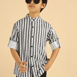 Bugandbees Boys Striped Mandarin Collar Standard Regular Fit Casual Shirt-picture-3
