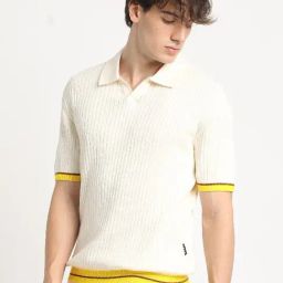 The Bear House Cream Cotton Regular Fit Self Pattern Polo T-Shirt-image-26