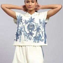 Label Ritu Kumar Off White Floral Hooded T-Shirt With Shorts-picture-34