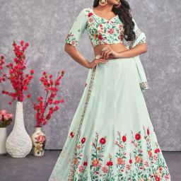 SHUBHKALA Sea Green Embroidered Lehenga and Choli Set With Dupatta-image-46