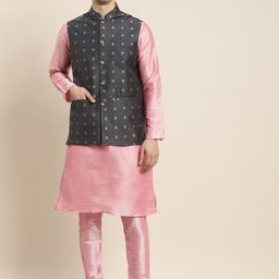 SOJANYA Men Pink Kurta with Churidar & Nehru Jacket-20