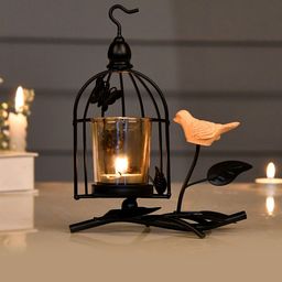 TAYHAA Black & Transparent Bird Net Textured Metal Glass Candle Holder with Bird Accent-4