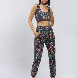 Label Ritu Kumar Navy Floral Crop Top With Joggers-image-29