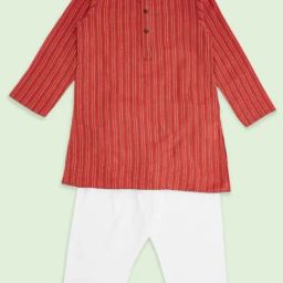 Indus Route by Pantaloons Kids Red & White Cotton Embroidered Full Sleeves Kurta Set-image-22