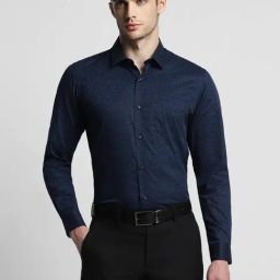 Peter England Navy Blue Cotton Slim Fit Printed Shirt-image-60